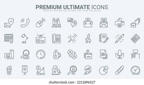 Iconos de línea delgada de tecnología de Office establecen la ilustración vectorial. Esbozar la comunicación comercial, los documentos de aprobación y la gestión, los símbolos de los lugares de trabajo de los administradores, la presentación de las finanzas y la estrategia de trabajo