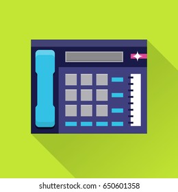 Office telephone set icon, multiline phone system, communication center. Vector flat style cartoon illustration with long shadow on green background. Business concept
