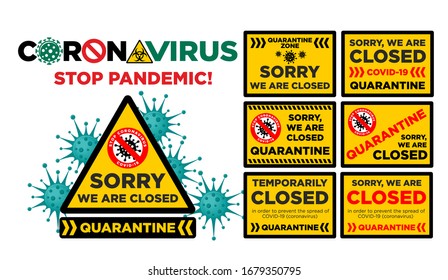 Office is temporarily closed by the coronavirus sign in the color of bacteriological danger. Information warning sign about quarantine measures in public places. Limitation and caution COVID-19. Vecto