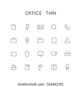 Office thin icon set - search, pen, document, phone, mail, briefcase, folder, paperclip, notepad, man, mouse, computer, printer, book and others simple vector symbols. Business and work signs.