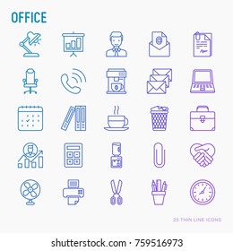 Office thin line icons set of manager, coffee machine, chair, career growth, e-mail, folders, water cooler, lamp. Vector illustration.