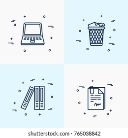 Office thin line icons set of laptop, garbage bin, folders, documents. Modern vector illustration of workplace.