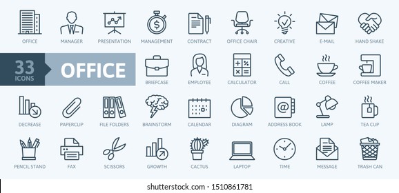 Office - thin line web icon set. Outline icons collection. Simple vector illustration.