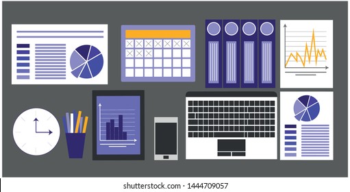 office things Flat modern design vector illustration concept of creative office workspace, workplace. Icon collection in stylish colors of business work flow items and elements, equipment phone