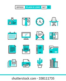 Office things, plain and line icons set, flat design, vector illustration 