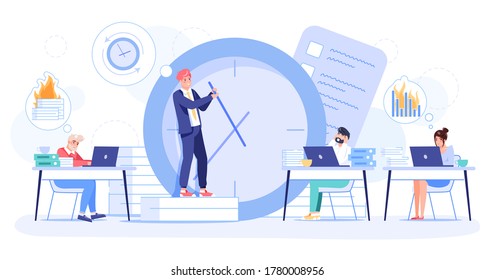 Office Time Management. Burning Deadline, Failure Productivity. Businessman Trying To Stop Huge Timer Clock Arrow. Tired, Overworked Employee Character Working On Computer Sitting At Desk