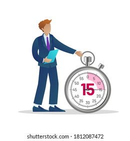 Office time management. Businessman standing at huge stopwatch. Business process optimisation, time management, deadline and punctuality concept flat vector illustration