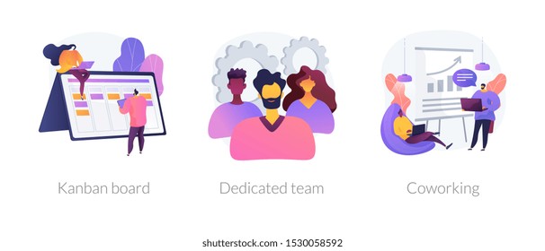 Office time management icons cartoon set. Workflow optimization. Coworkers brainstorming. Kanban board, dedicated team, coworking metaphors. Vector isolated concept metaphor illustrations