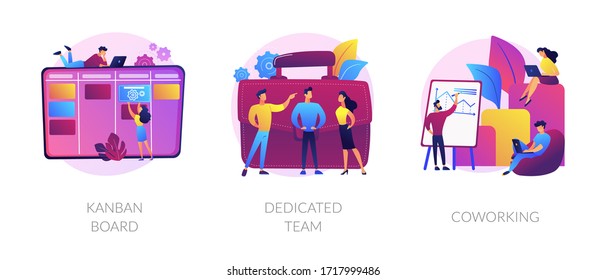 Office time management icons cartoon set. Workflow optimization. Coworkers brainstorming. Kanban board, dedicated team, coworking metaphors. Vector isolated concept metaphor illustrations