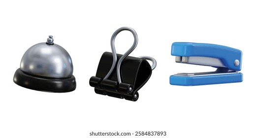  Office tolls icon 3d render concept of office supplies reception bell with Binder clip and Stapler icon vector illustration