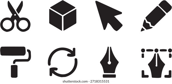 Ícones de Escritório e Ferramentas, Incluindo Cursor e Impressora do Cubo de Tesoura. Uma ilustração vetorial em preto-e-branco representando a tecnologia e as ferramentas de design.
