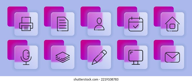 Office-Tool-Set-Symbol. Fax, Datei, Bediener, Kalender, Haus, Mikrofon, Dokumente, Stift, Monitor, Post. Konzept der Büroangestellten. Brillmorphismus-Stil. Vektorsymbol für Unternehmen und Werbung