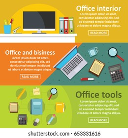 Office tools banner horizontal concept set. Flat illustration of 3 office tools vector banner horizontal concepts for web