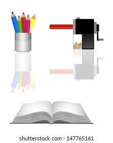 Office tools and book colour pencils