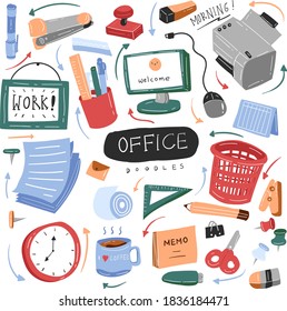 OFFICE TOOLS COLORFUL DOODLE HAND DRAWN ILLUSTRATION