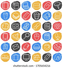 Iconos del doodle de Herramientas de Office. Ilustración vectorial con herramientas y equipo de la profesión de escritorio y secretario.