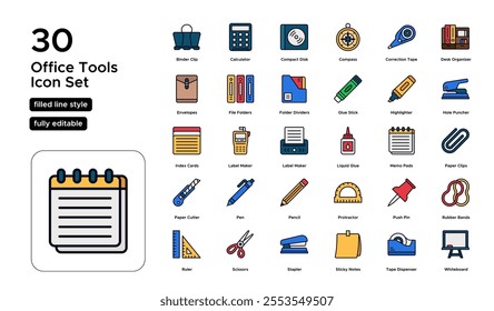 Office Tools Filled Line Icon Set: Essential Equipment, Productivity Tools, and Workstation Supplies Icons