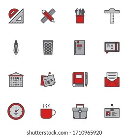 Office tools filled outline icons set, line vector symbol collection, linear colorful pictogram pack. Signs, logo illustration, Set includes icons as stationery, ruler, pencil, calendar, briefcase