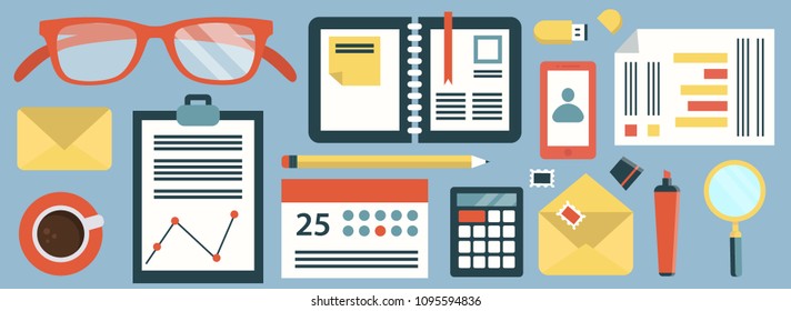 Office tools. Financial analysis, analytics, planning, statistics, research. Documents, phone, glasses, calendar, magnifier, marker, graphics, envelope, calculator, records. Vector illustration.
