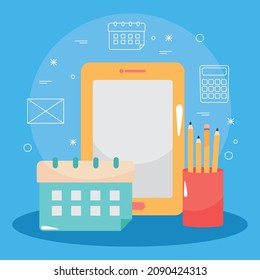 ilustración de herramientas de oficina con calendario y tablet