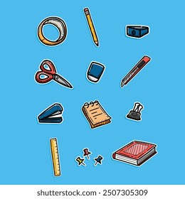 Office tools illustration vector design pack sticker style isolated in a blue background. Stationery and Office Supplies. Office And Business