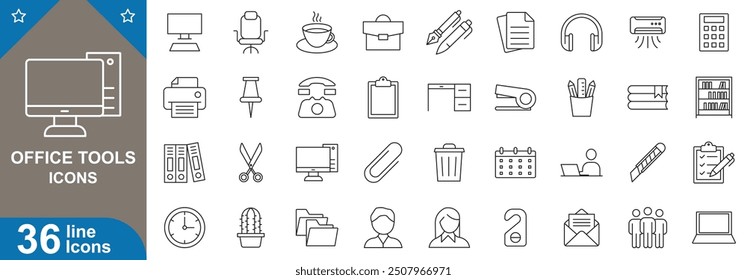 Office tools line icons. Pen, stapler, scissors, paperclip, ruler, notebook, calculator, clipboard and more. simple vector illustrator.