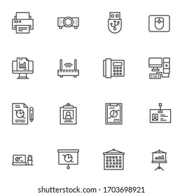 Conjunto de iconos de línea de herramientas de Office. colección de símbolos de estilo lineal, paquete de signos de esquema. gráficos vectoriales. El conjunto incluye iconos como impresora, pantalla del proyector, ratón del equipo, módem WiFi, fax telefónico, documentos