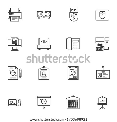 Office tools line icons set. linear style symbols collection, outline signs pack. vector graphics. Set includes icons as printer, projector screen, computer mouse, wifi modem, telephone fax, documents
