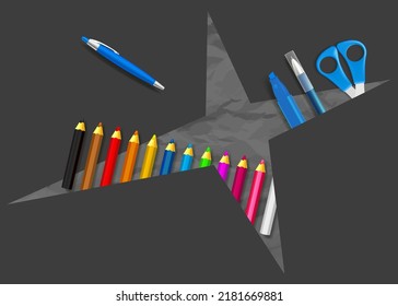 Office tools on black paper in realistic style. Cut on a sheet of paper background