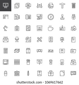 Office tools outline icons set. linear style symbols collection, line signs pack. vector graphics. Set includes icons as Certificate, Report, Router, Printer, Table, Stats, Fax, Computer, Clock, Lamp