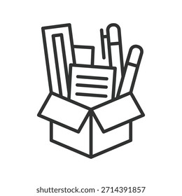 Herramientas de oficina icono de embalaje en diseño de línea. herramientas de oficina, caja, embalaje, movimiento, almacenamiento en el Vector de fondo blanco. herramientas de oficina de embalaje editable icono de golpe