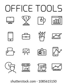 Office tools related vector icon set. Well-crafted sign in thin line style with editable stroke. Vector symbols isolated on a white background. Simple pictograms.