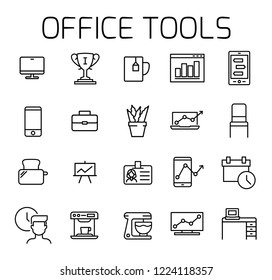 Office tools related vector icon set. Well-crafted sign in thin line style with editable stroke. Vector symbols isolated on a white background. Simple pictograms.