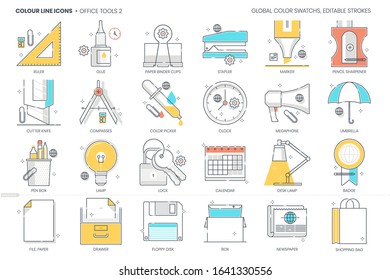 Office tools related vector icon illustration set. The set is about stationary, utensils, pen, clipper, clock, file, work.