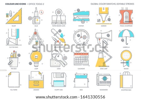 Office tools related vector icon illustration set. The set is about stationary, utensils, pen, clipper, clock, file, work.