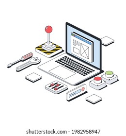 Office, tools screwdriver and wrench, settings and options, stop and start buttons, laptop screen. Vector 3d line isometric, color web icons, new flat style. Creative design idea for infographics.