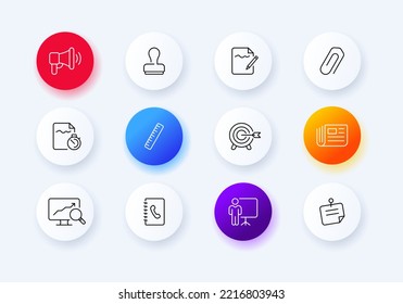 Icono de conjunto de herramientas de Office. Sello, sello, archivo, documento, pintura, clip de papel, adjunto, periódico, libro de contacto, pegatina, etc. Concepto de trabajo. Estilo neomorfista. Icono de línea de vector para negocios y publicidad