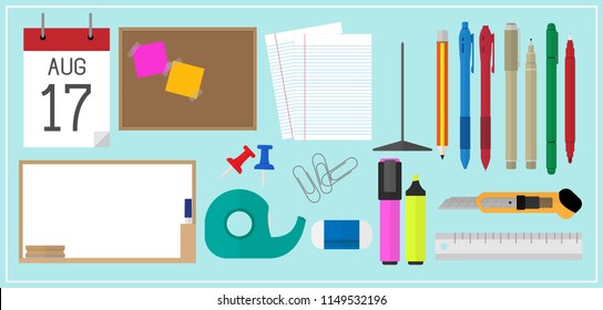 Office Tools Stationary School Equipment notes board calendar marker tape paper lined white board flat design pastel icon background