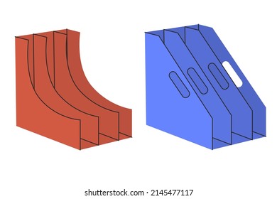 Office tools. Stationery for working with documents. Two Plastic paper holders red and blue colors. Storage systems. Clip art isolated elements. Flat style in vector illustration.