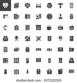 Office tools vector icons set, modern solid symbol collection, filled style pictogram pack. Signs logo illustration. Set includes icons as Certificate, Report, Router, Printer, Table, Stats, Fax, Lamp