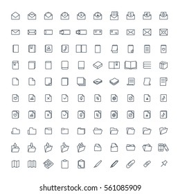 office tools  web thin line 100 icons set on white background;  minimalistic paper, document, envelope, folder, book, notepad 