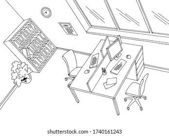 Office top view from above aerial graphic black white interior sketch illustration vector