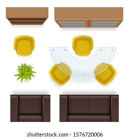 Office top view. Furniture realistic tables wardrobe chairs armchairs business office interior items vector