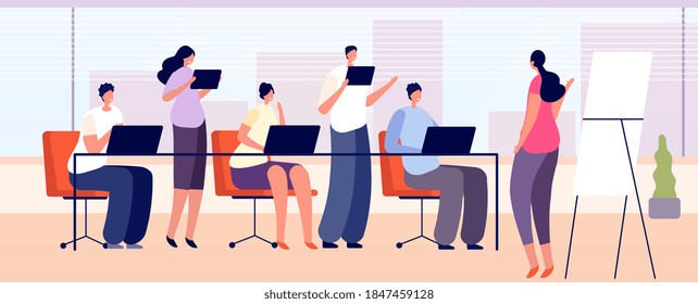 Office training team. Business staff learning, people group coach with presentation. Company managers meeting interview utter vector concept