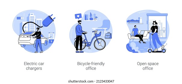 Office transportation isolated cartoon vector illustrations set. Electric car chargers near smart office, bicycle-friendly workspace, riding an electric scooter at modern workplace vector cartoon.