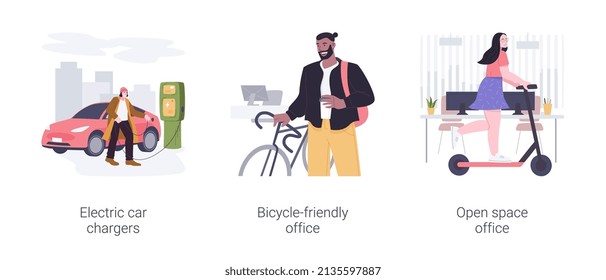 Office transportation isolated cartoon vector illustrations set. Electric car chargers near smart office, bicycle-friendly workspace, riding an electric scooter at modern workplace vector cartoon.