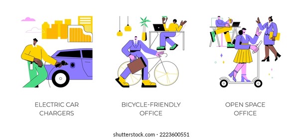 Office transportation isolated cartoon vector illustrations set. Electric car chargers near smart office, bicycle-friendly workspace, riding an electric scooter at modern workplace vector cartoon.