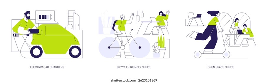 Office transportation isolated cartoon vector illustrations set. Electric car chargers near smart office, bicycle-friendly workspace, riding an electric scooter at modern workplace vector cartoon.