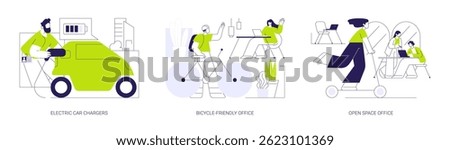 Office transportation isolated cartoon vector illustrations set. Electric car chargers near smart office, bicycle-friendly workspace, riding an electric scooter at modern workplace vector cartoon.