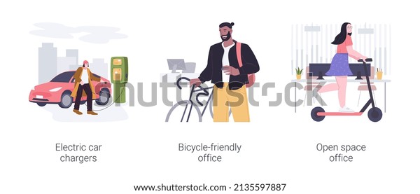 Office transportation isolated cartoon vector\
illustrations set. Electric car chargers near smart office,\
bicycle-friendly workspace, riding an electric scooter at modern\
workplace vector\
cartoon.